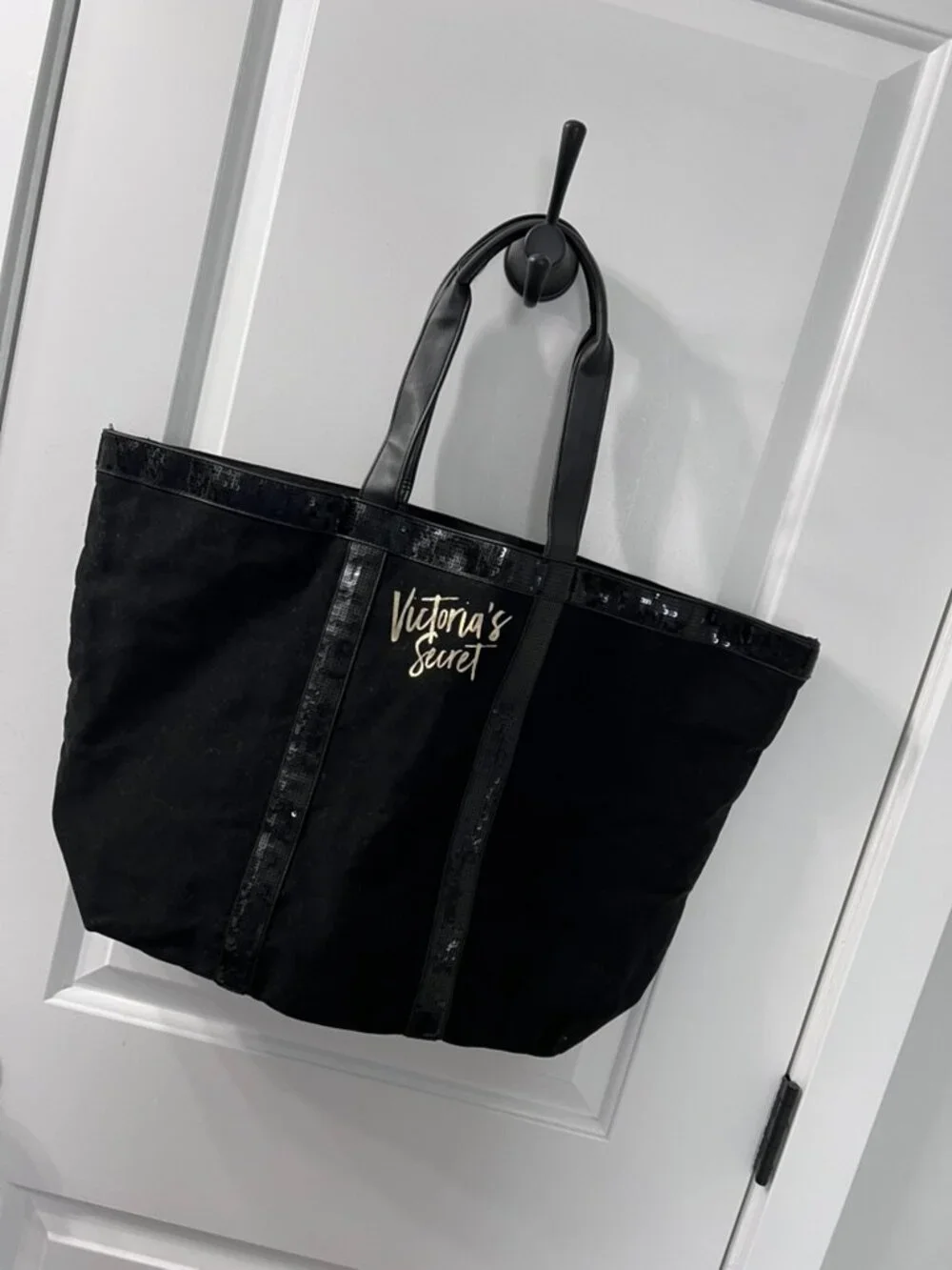 Victoria's Secret Black Canvas Sequin Tote Bag Large Shoulder Carryall